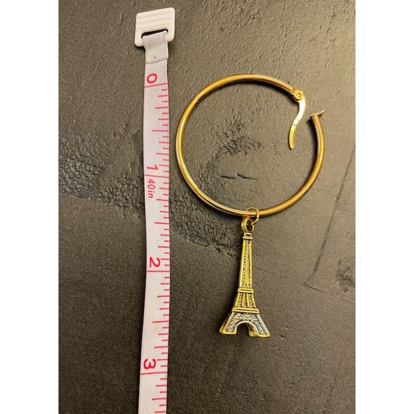 Gold Hoop Earrings with Eiffel Tower Charms - Picture 3 of 3
